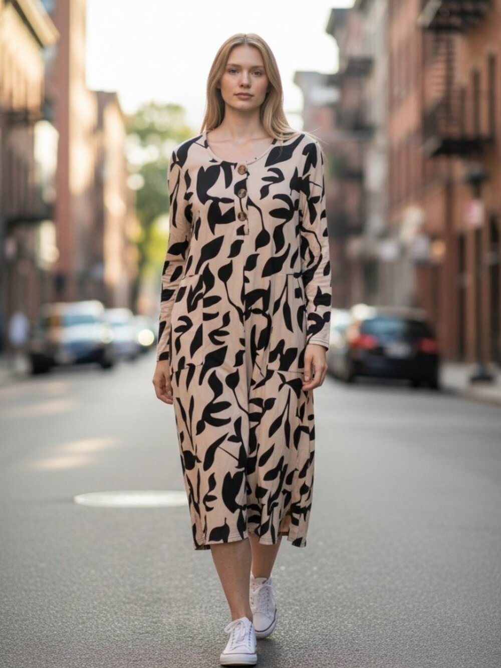 Cream and Black Botanical Print Long-Sleeve Dress
